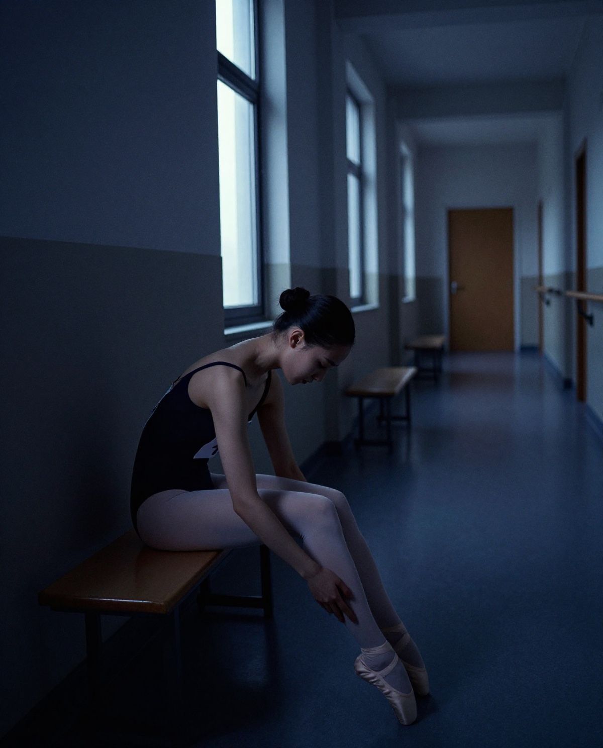 A dancer waiting alone in a long hallway outside an audition room