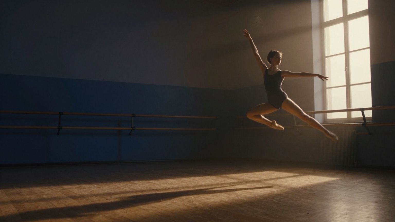 A dancer mid-leap in an empty studio, late light through a tall window
