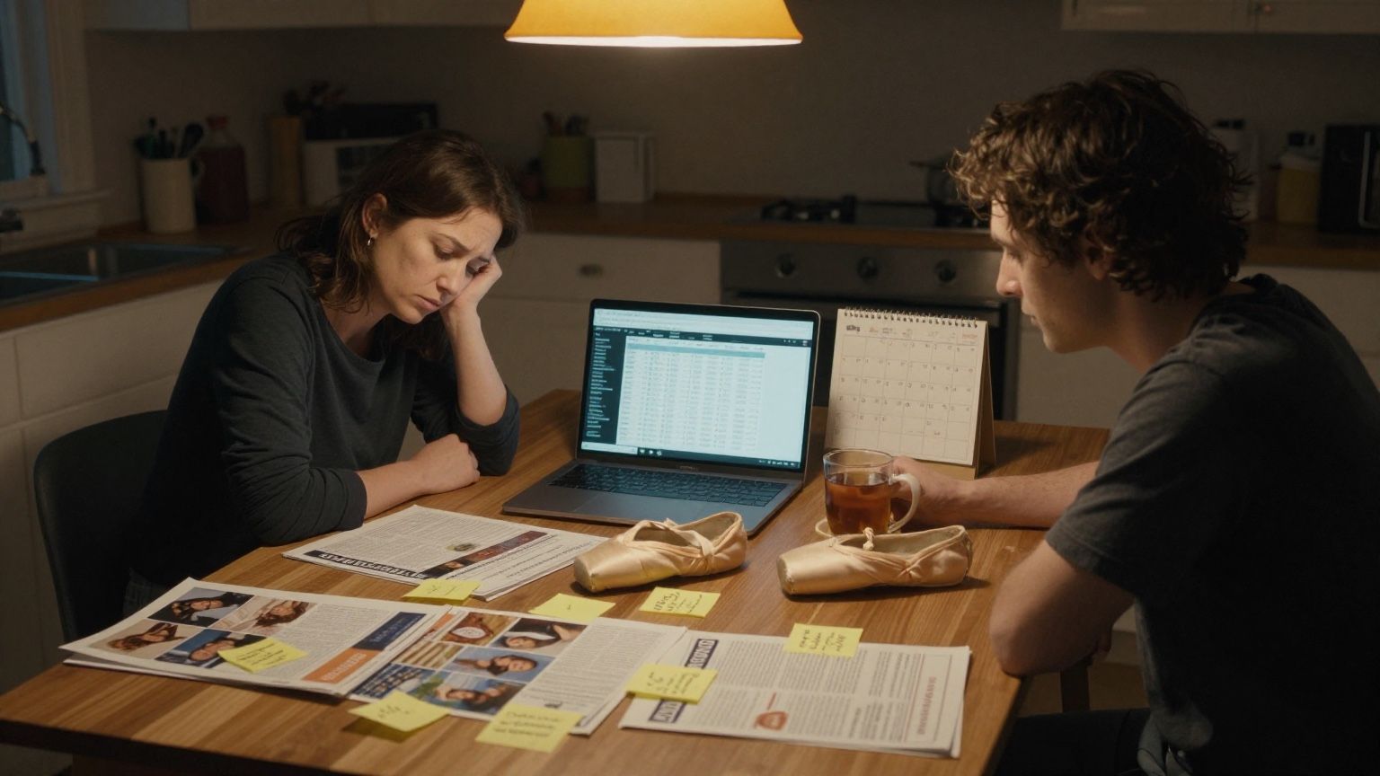 Two tired parents at a kitchen table covered in brochures, sticky notes, a laptop and a pair of pointe shoes
