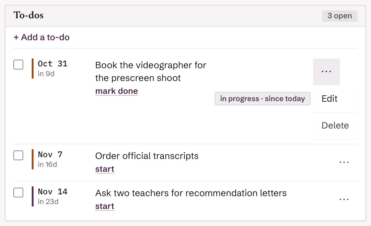 A to-do list in ArtsCompass with the ⋯ menu open on the first to-do, showing Edit and Delete