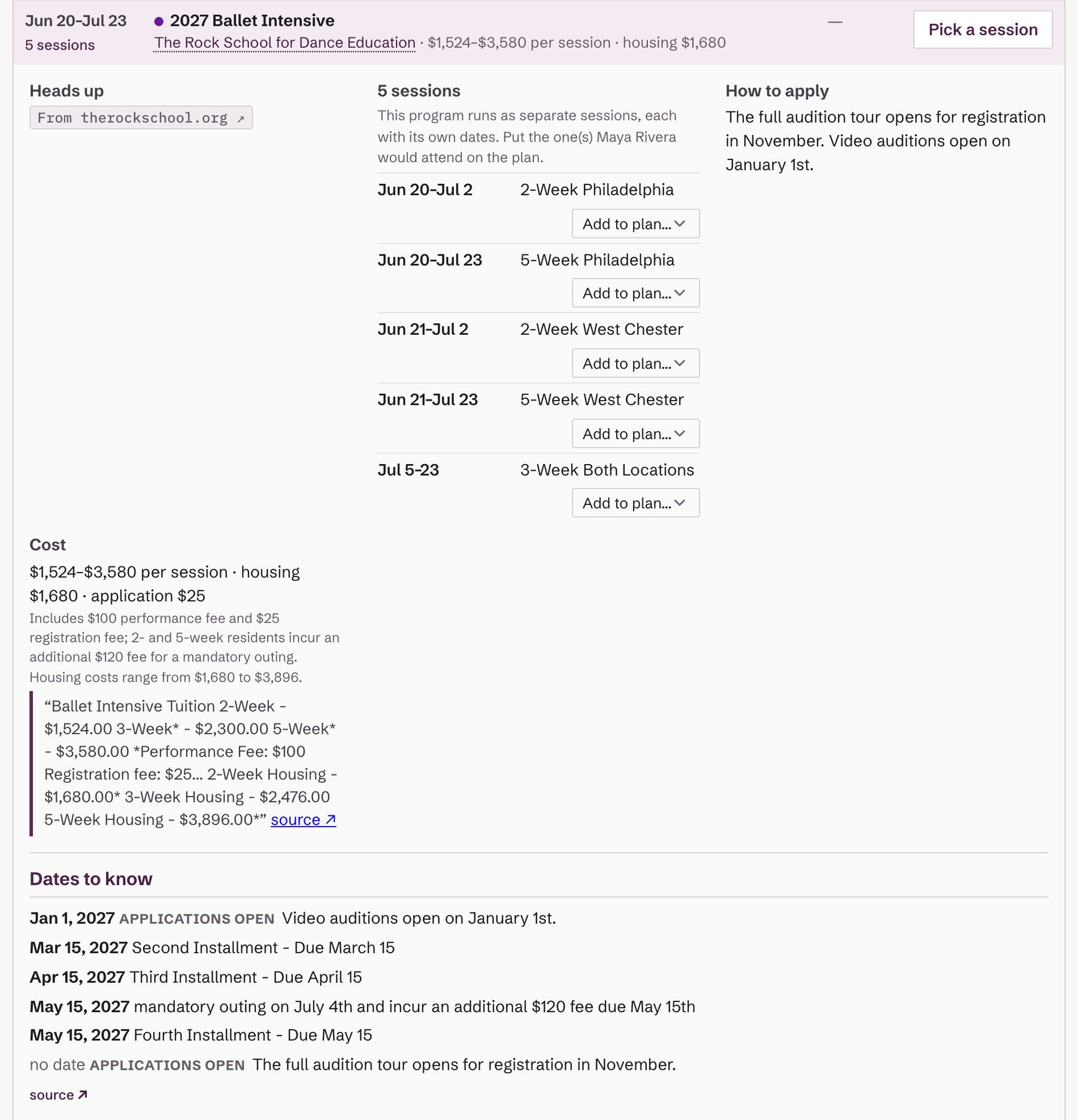 A real summer intensive in ArtsCompass, The Rock School’s 2027 Ballet Intensive: five sessions to pick from, tuition and housing with the school’s own price lines, how to apply, and every date to know