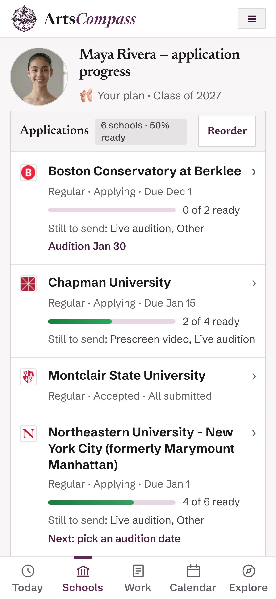 ArtsCompass on a phone: the dancer’s schools, one card per school with its round, next due date and how many pieces are ready