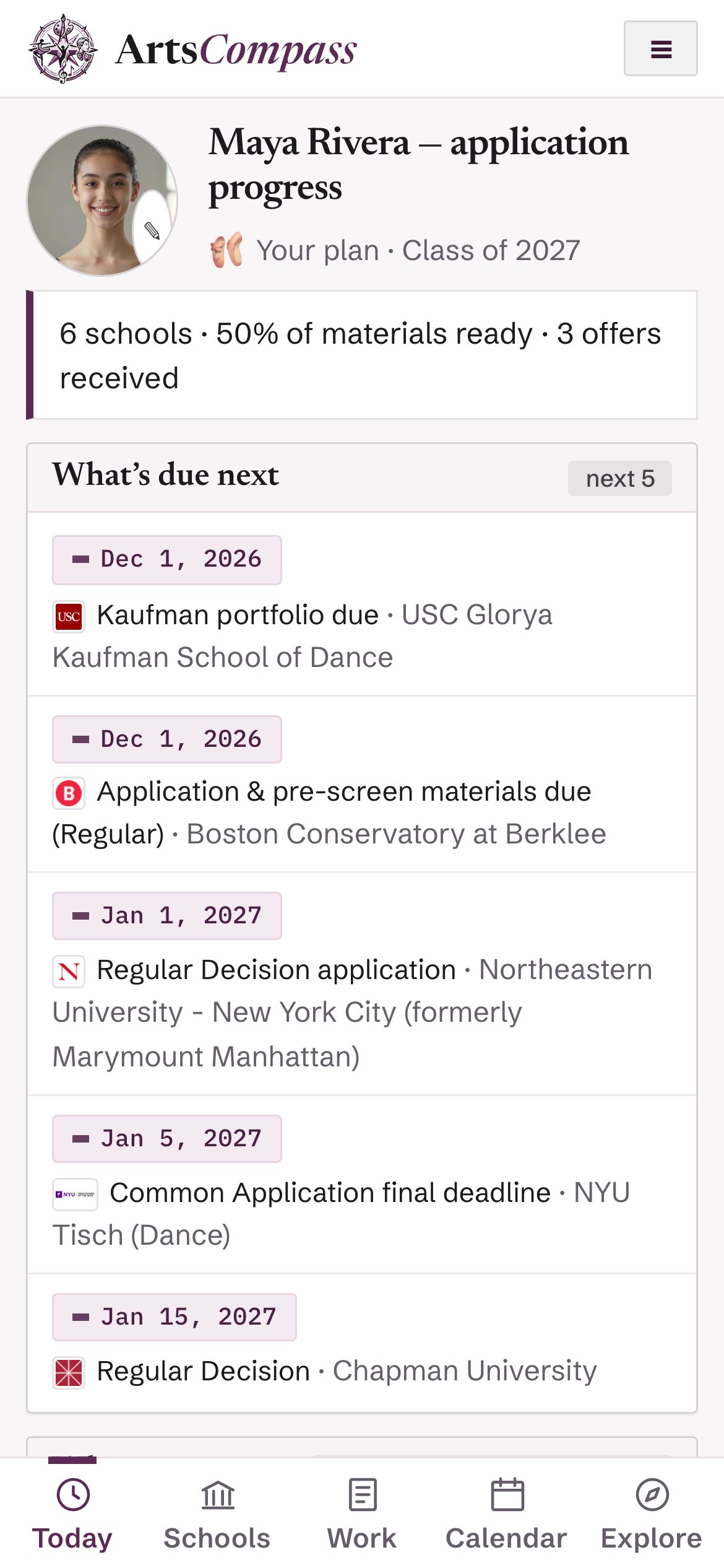ArtsCompass on a phone: the dancer’s Today, with what’s due next and a bottom bar for Today, Schools, Work, Calendar and Explore