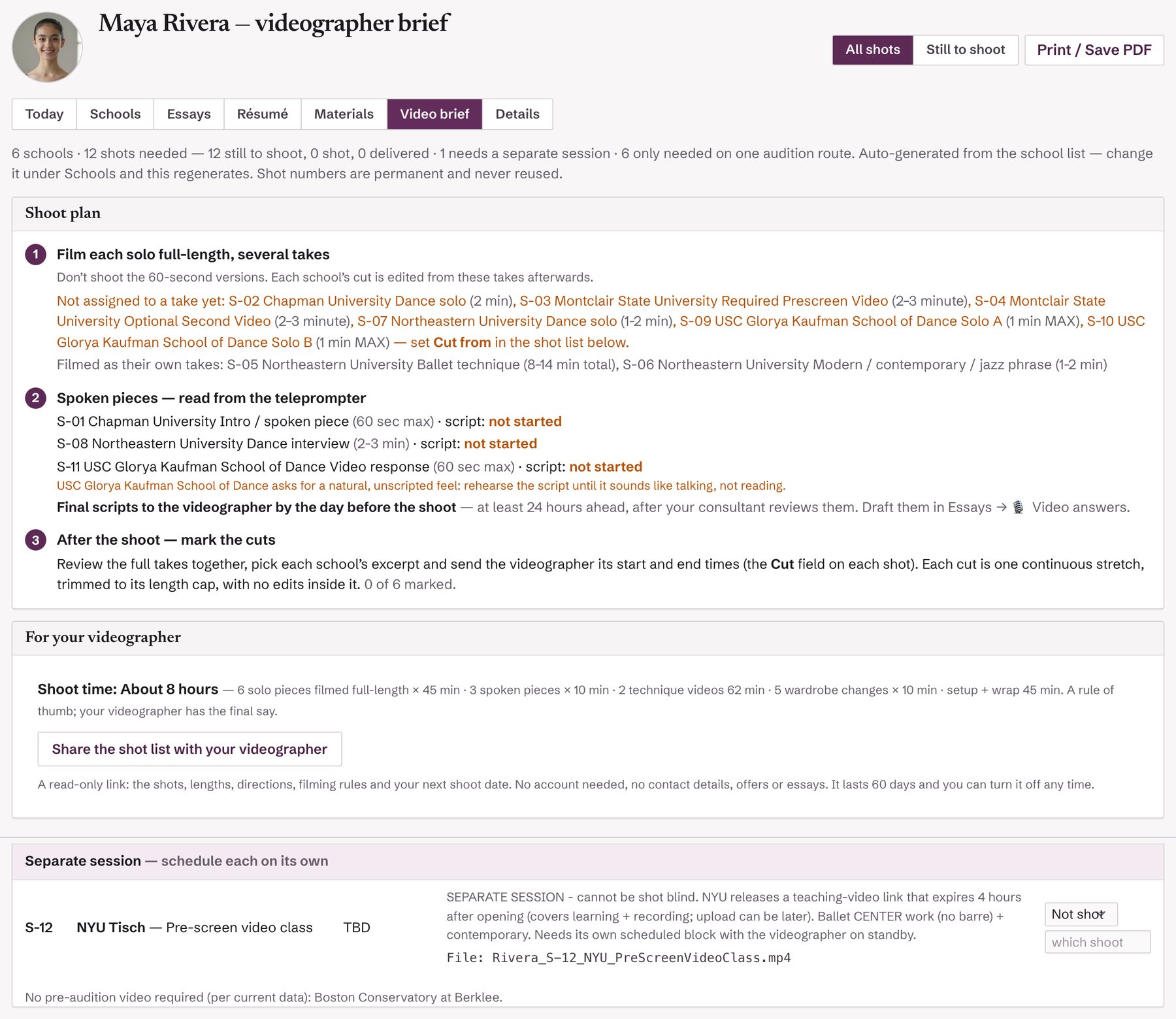 The videographer brief ArtsCompass writes from the school list: six schools and twelve shots, a shoot plan, a shoot-time estimate with a share link for the videographer, and NYU’s class flagged as a separate session