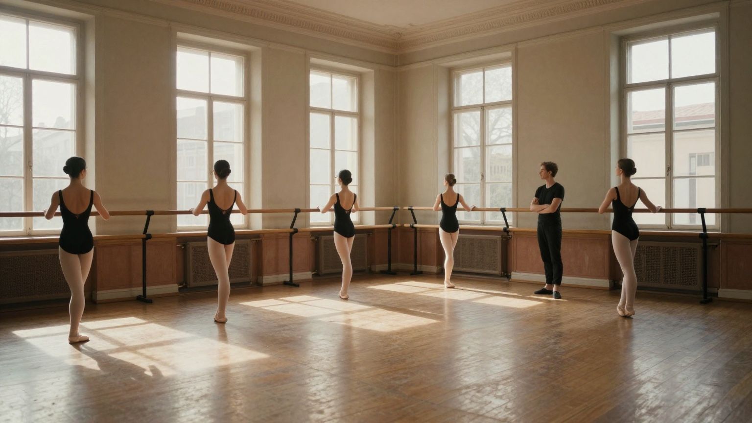 A ballet class at the barre in late afternoon light, a teacher watching